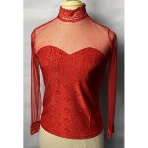 Womens Red Sexy Long Sleeve Turtleneck Top Blouse Lace. Size S/M